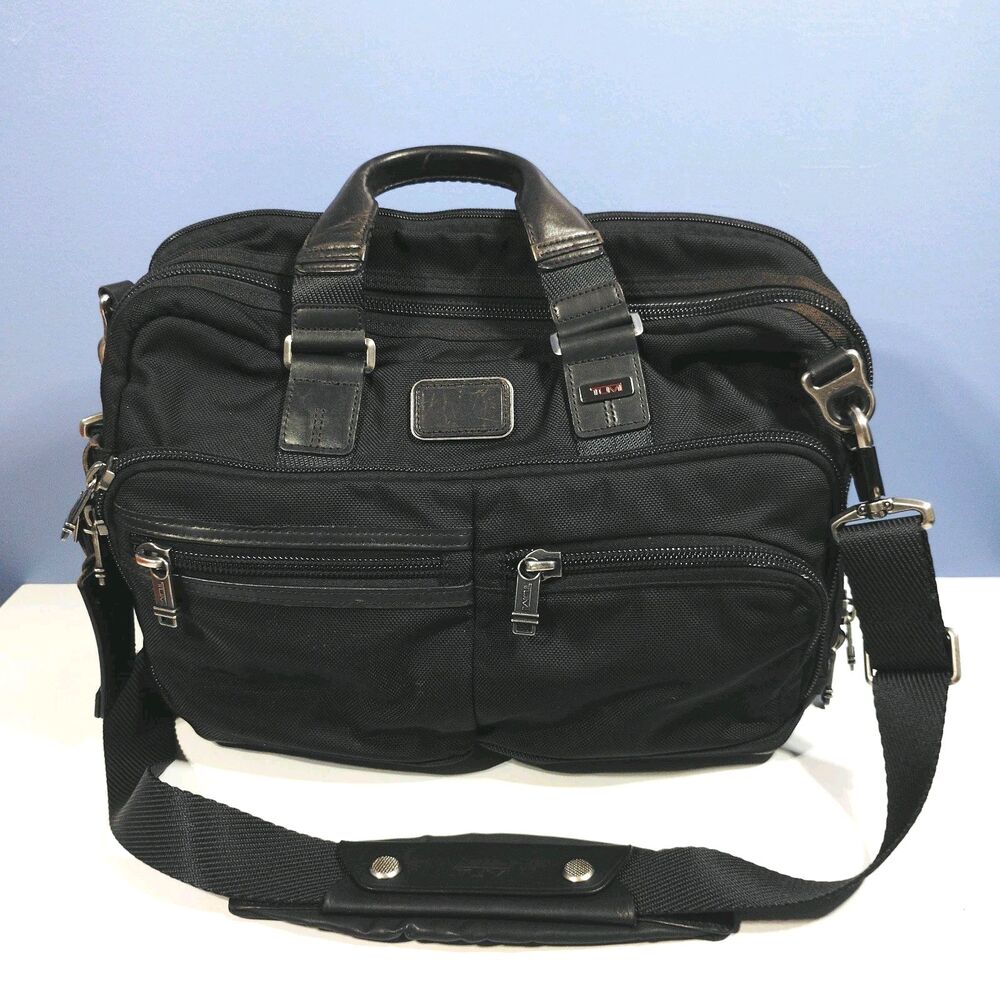 Tumi Alpha Bravo Anderson Slim Black Brown Leather Laptop Bag Commuter Briefcase